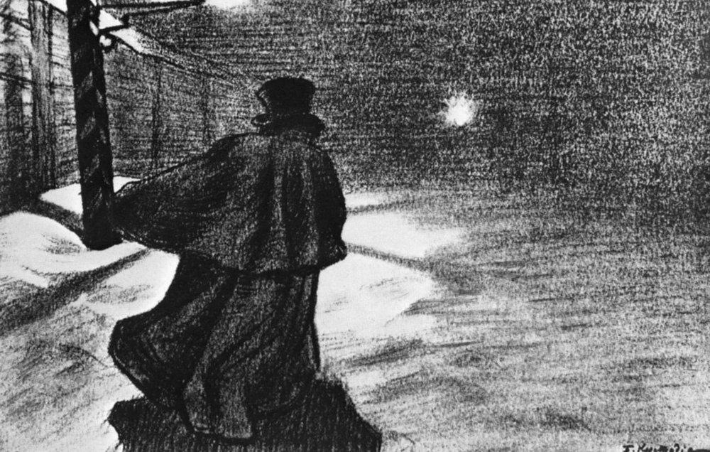 Борис Михайлович Кустодиев. Акакий Акакиевич возвращается с вечера. 1905