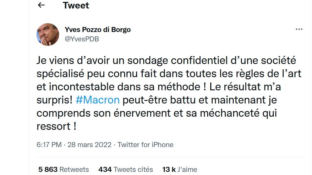 Скриншот страницы Twitter политика, бывшего члена Сената Франции Ива Поццо ди Борго