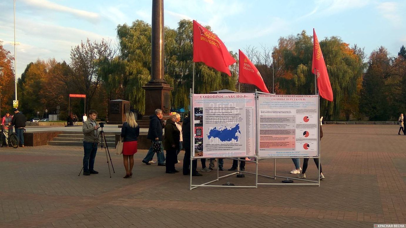 Выставка с результатами опроса АКСИО-8 на пикете в Брянске 3 октября 2019 года