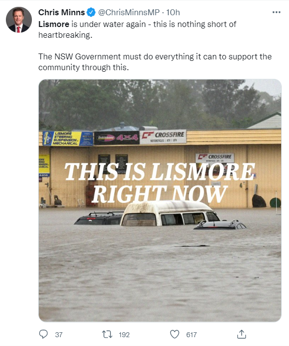 Наводнение в Лисморе. Скриншот страницы пользователя Twitter https://twitter.com/ChrisMinnsMP