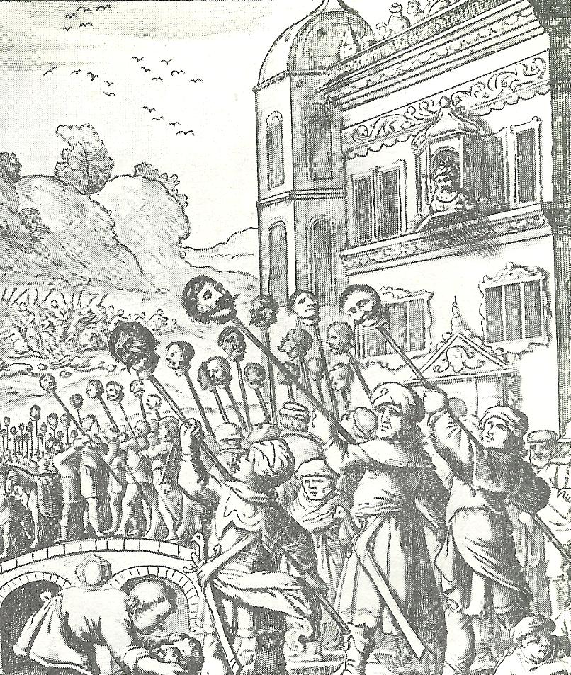 Европейская литография XVII век Жители Табриза держат на копьях отрубленные головы турок  после освобождения города от османских войск в 1603 г.