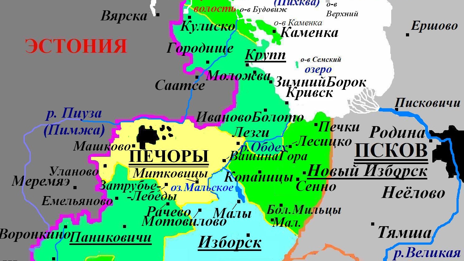 Карта Печорского района. Саатсеский сапог — к северу от деревни Саатсе