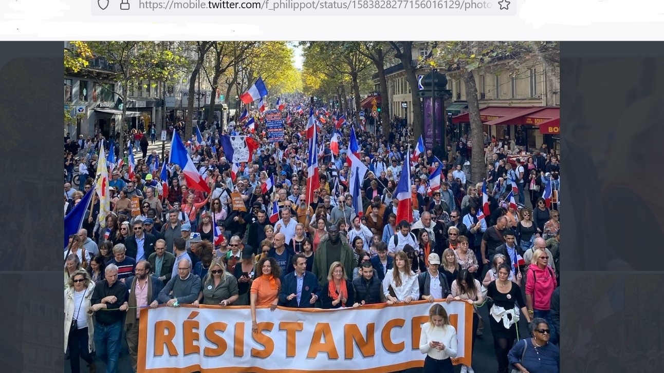 Скриншот страницы Twitter главы партии «Патриоты» Флориана Филиппо с фотографией парижской манифестации против политики Макрона и НАТО. 22 октября 2022 года.