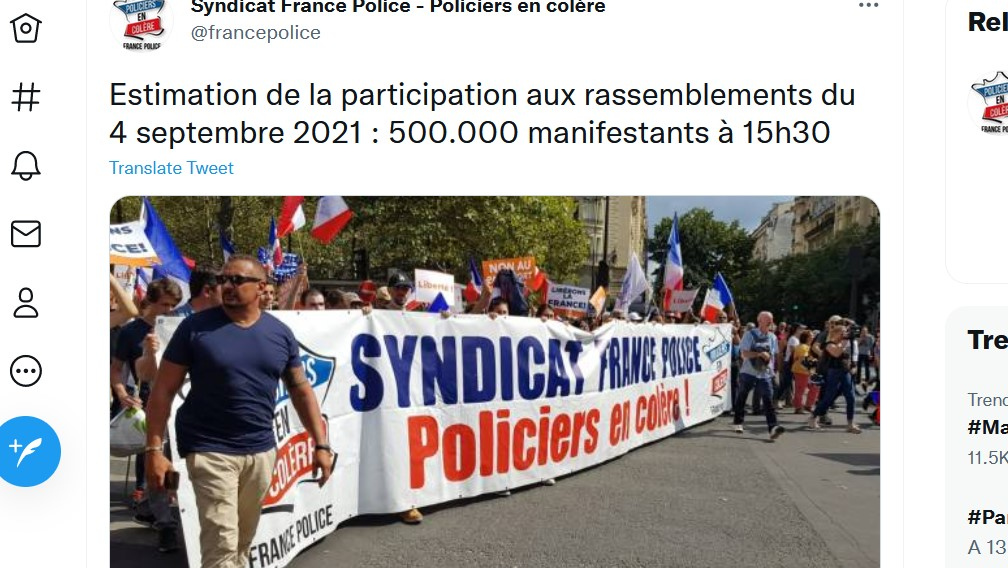 Скриншот страницы Twitter французского профсоюза полицейских France Police-Policiers en colère.