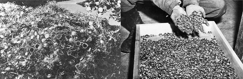Очки и золотые кольца, принадлежавшие убитым узникам концлагеря Освенцим. 1945