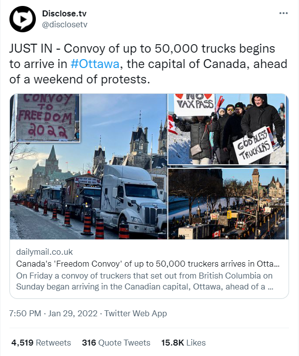 Скриншот страницы пользователя https://twitter.com/disclosetv о прибытии дальнобойщиков в столицу Канады
