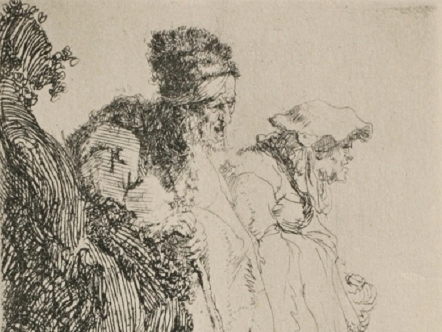 Рембрандт Харменс ван Рейн. Два нищих, мужчина и женщина, выходящие из-за банка (фрагмент). 1630
