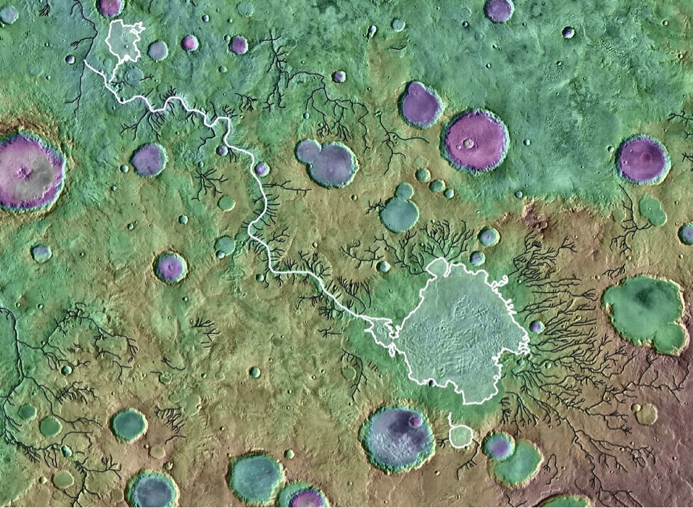 Цветное топографическое изображение долин рек на Марсе 