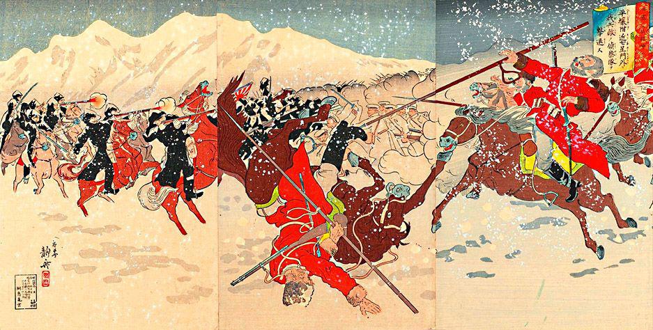 Атака японской кавалерии — японский плакат времен русско-японской войны
