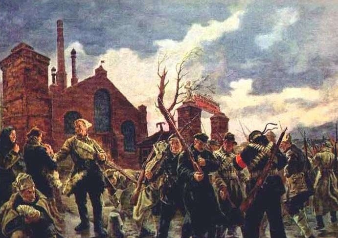 П. Соколов-Скаля. Рабочий отряд уходит на фронт в 1919 году (фрагмент). 1937