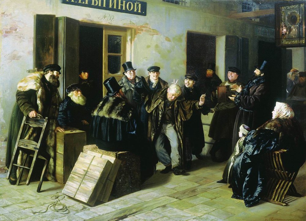 Илларион Прянишников. Шутники. Гостинный двор в Москве. 1865