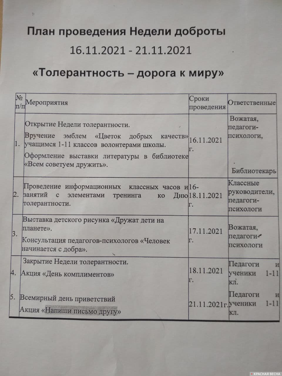 План «недели толерантности» в одной из школ Воронежской области