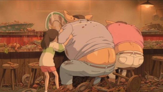 Превращение родителей в свиней. Цитата из м/ф «Унесённые призраками», Япония 2001 год