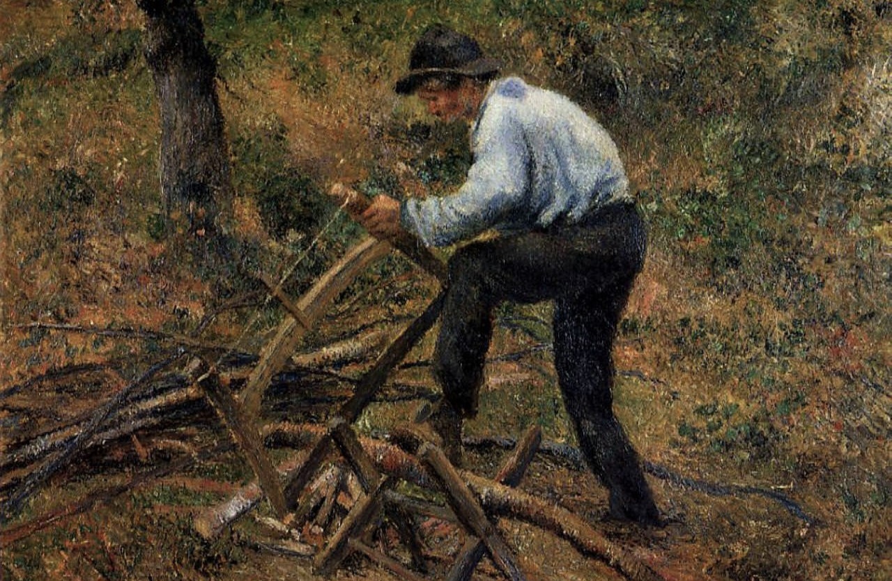 Камиль Писсарро. Папаша Мелон за пилкой дров (фрагмент). 1879
