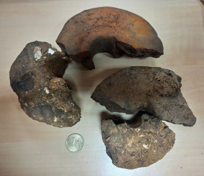 Обломки глиняных дисков для ткацкого стана, обнаруженные в составе конструкций очага из раскопок во Пскове