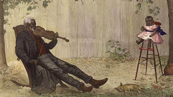 Альфред Эдвард Эмсли. Старый негр играет на скрипке ребенку. 1875