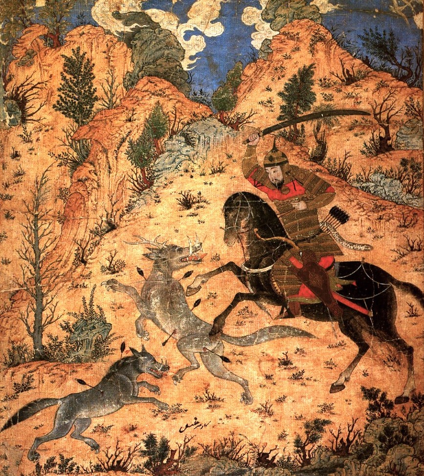 Неизвестный художник. Иллюстрация к «Шахнаме». Исфандияр борется с волками. ок 1370