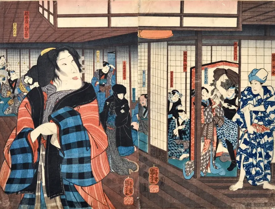 Утагава Куниёси. Актер кабуки Бандо Шуя I в роли куртизанки Сираито. 1852