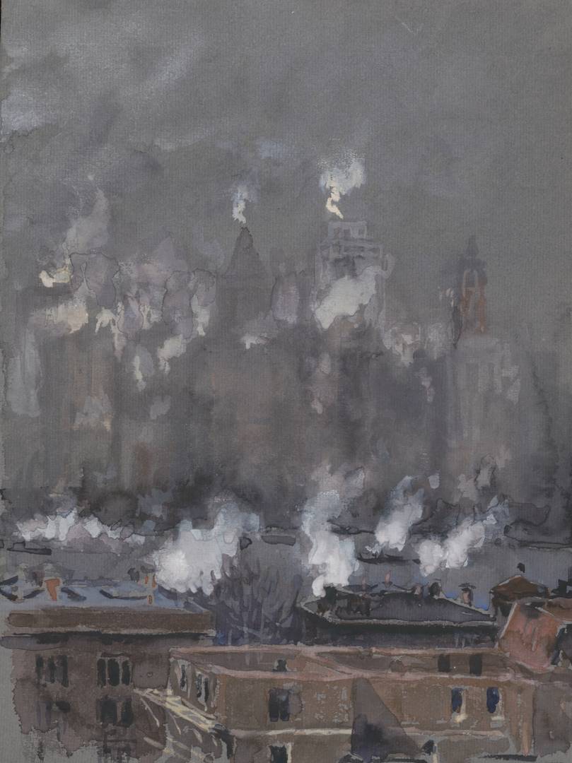Джозеф Пеннелл. Дым и туман в пасмурный день в Нью-Йорке. 1910