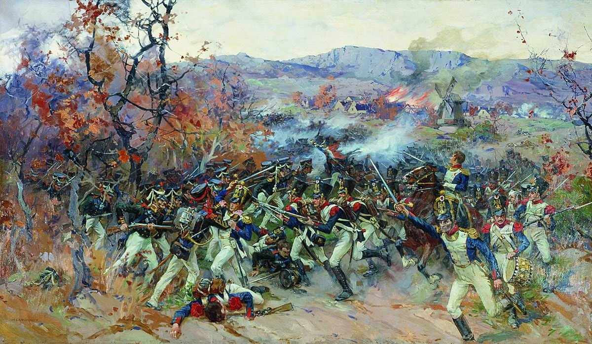 Н. Самокиш. Атака лейб-гвардии Егерского полка на французскую колонну у деревни Страден при Кульме 17 августа 1813 года. 1912 год.