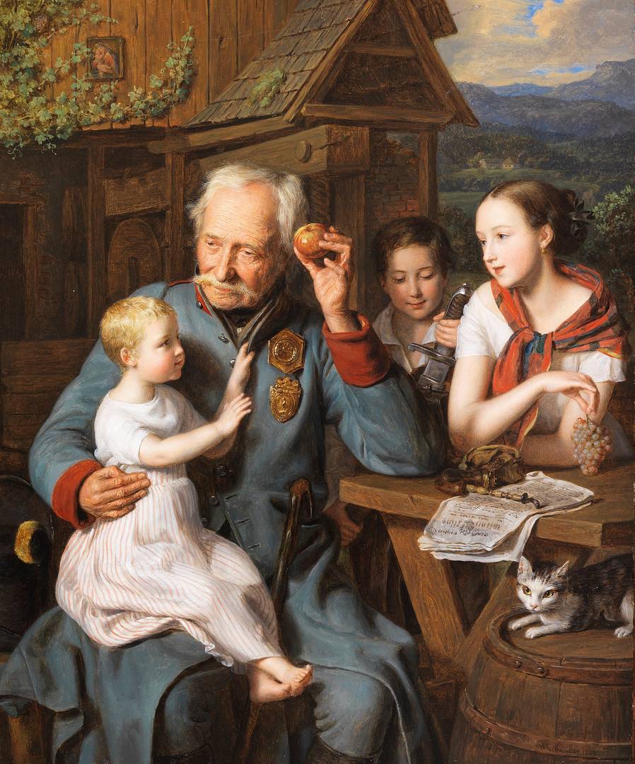 Фердинанд Георг Вальдмюллер. Старый ветеран и трое детей. 1827