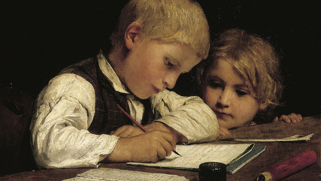 Альберт Анкер. Пишущий мальчик с сестрой (фрагмент). 1875 год.