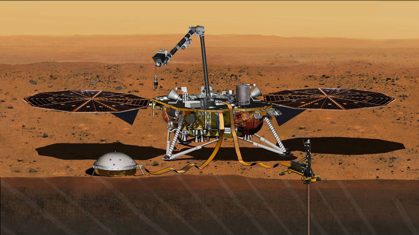 Посадочный модуль NASA InSight Mars, развернутый для изучения недр Марса