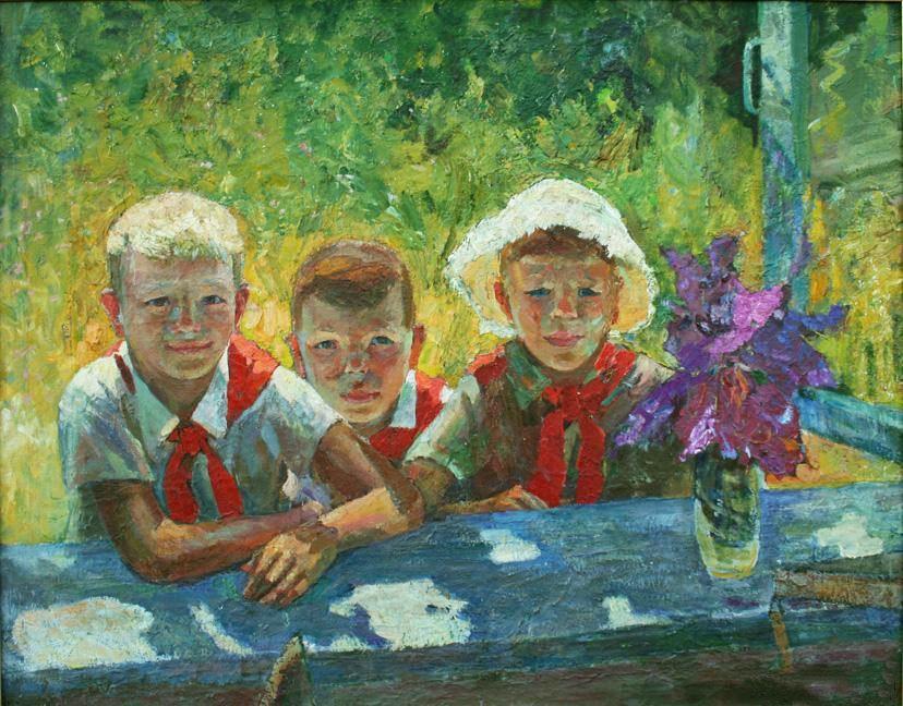 Н. Холодков. Дети позируют у окна. 1964