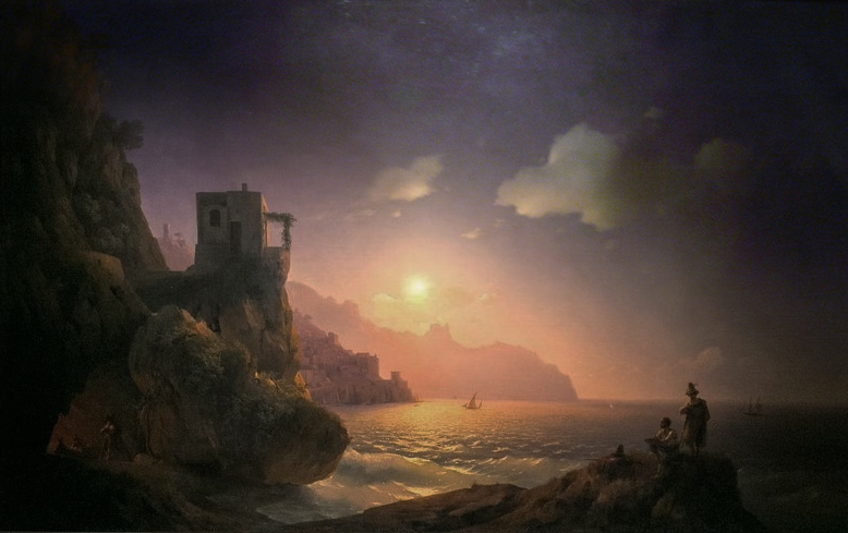 Иван Айвазовский. Лунная ночь в Амальфи с группою бандитов, среди которых Сальватор Роза пишет с натуры окрестный пейзаж. 1845