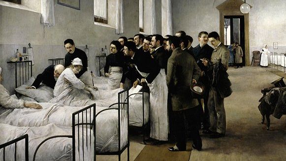 Луис Хименес Аранд. Больничная палата во время посещения главного врача. 1889 (фрагмент)