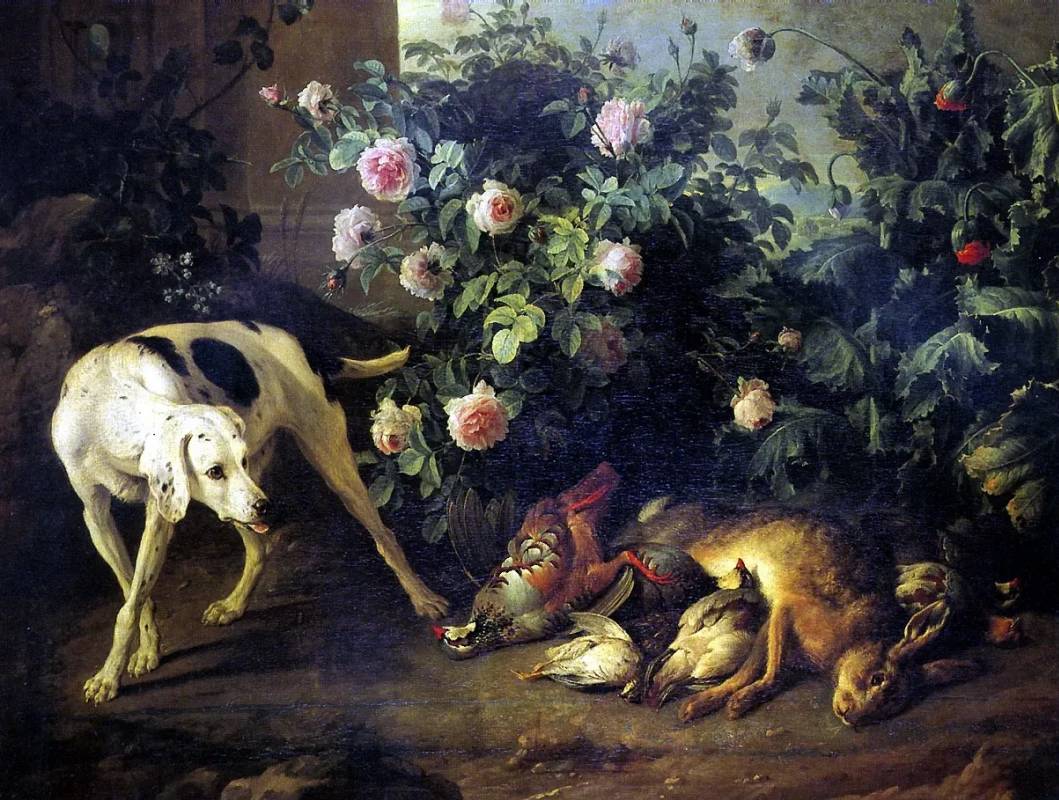 Александр Франсуа Депорт. Натюрморт с собакой и битой дичью у розового куста. 1724
