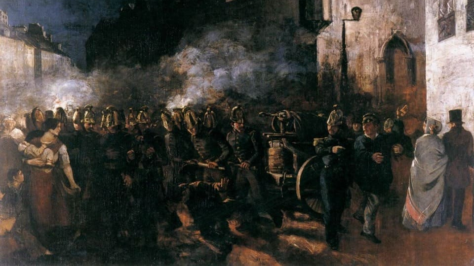 Гюстав Курбе. Пожарные бегут на пожар. 1850