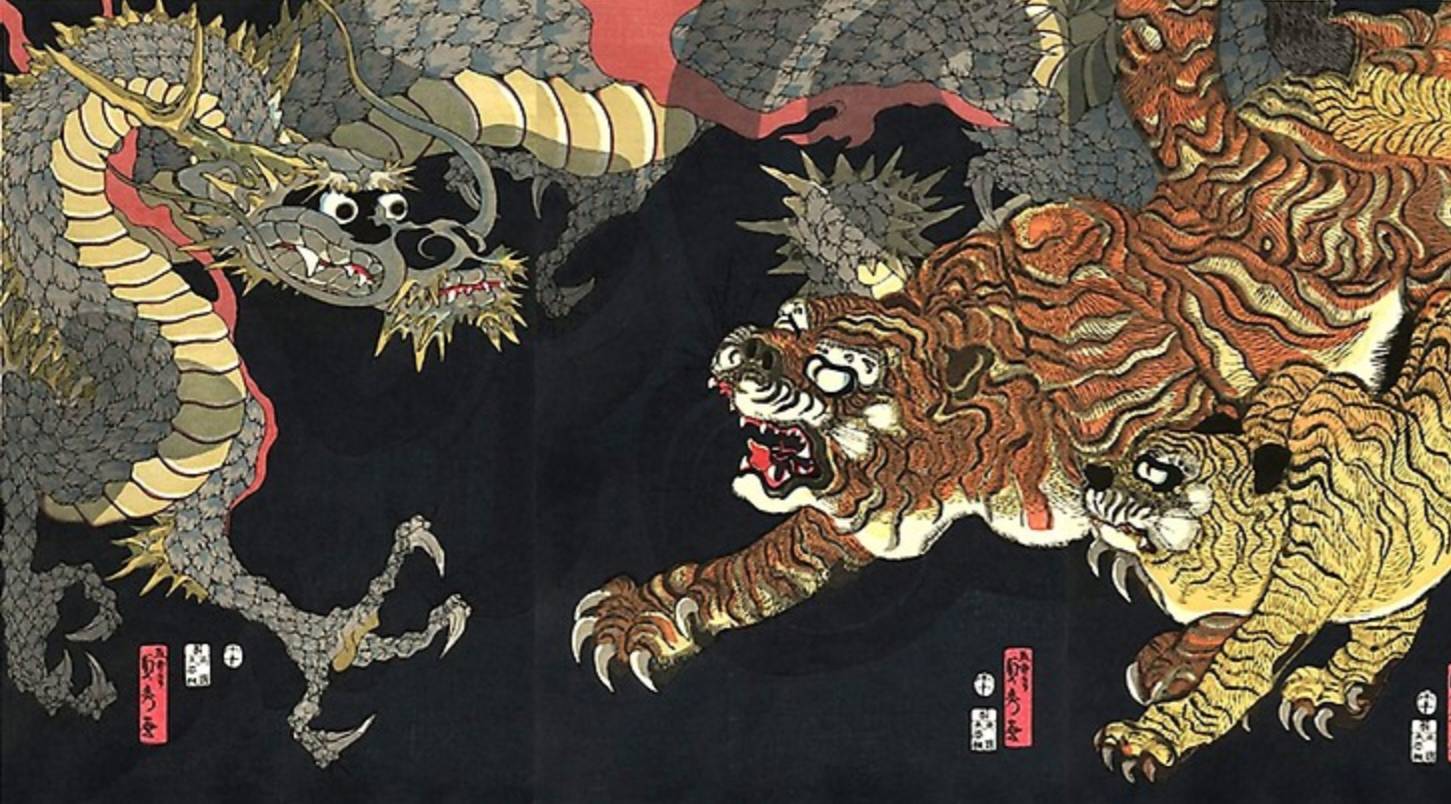 Битва дракона с тигром японская гравюра