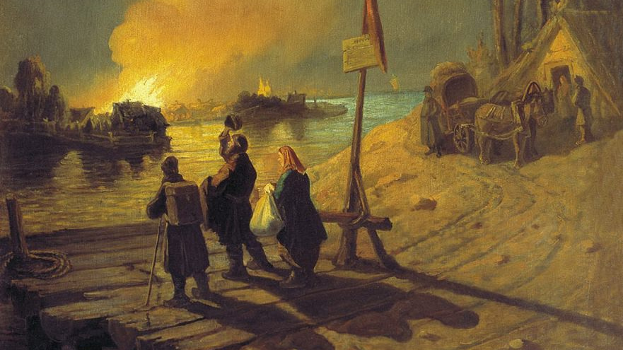 Леонид Соломаткин. Пожар в деревне. Сцена у парома (Пожар на Волге) (фрагмент). 1870