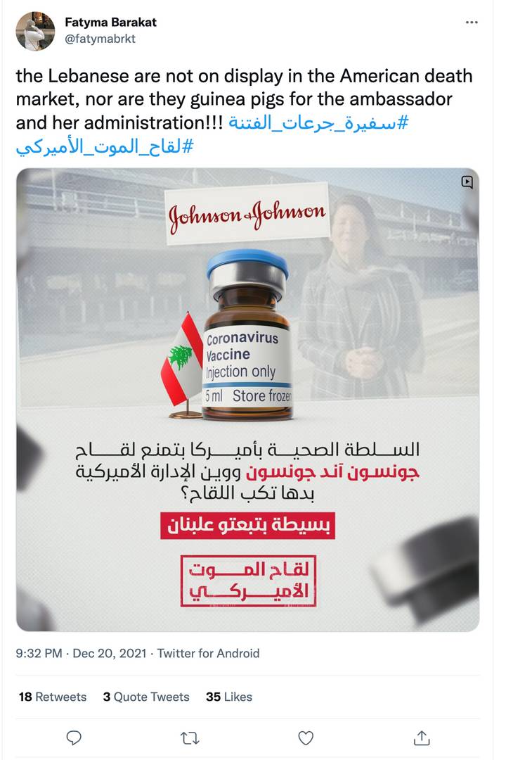 Надпись: Ливанцы не выставлены на американском рынке смерти, и они не подопытные кролики для посла и ее администрации!!!