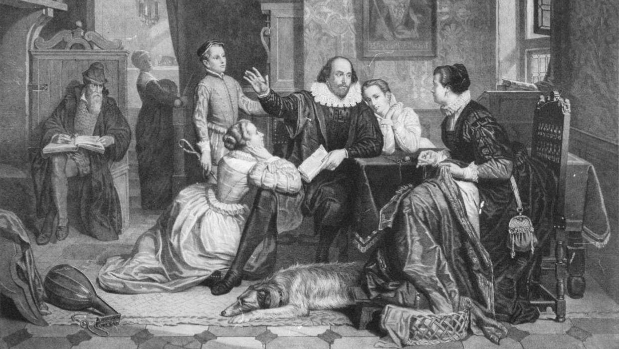 иллюстрация (фрагмент) Уильяма Шекспира, читающего свою пьесу Гамлет своей семье. Его жена, Энн Хэтуэй, сидит в кресле справа; его сын Хэмнет-позади него слева; две его дочери Сюзанна и Джудит-справа и слева от него