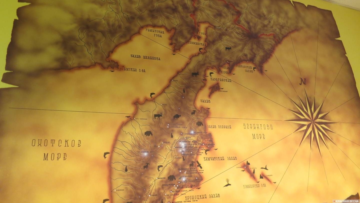 Карта полуострова Камчатка. Центр и север.