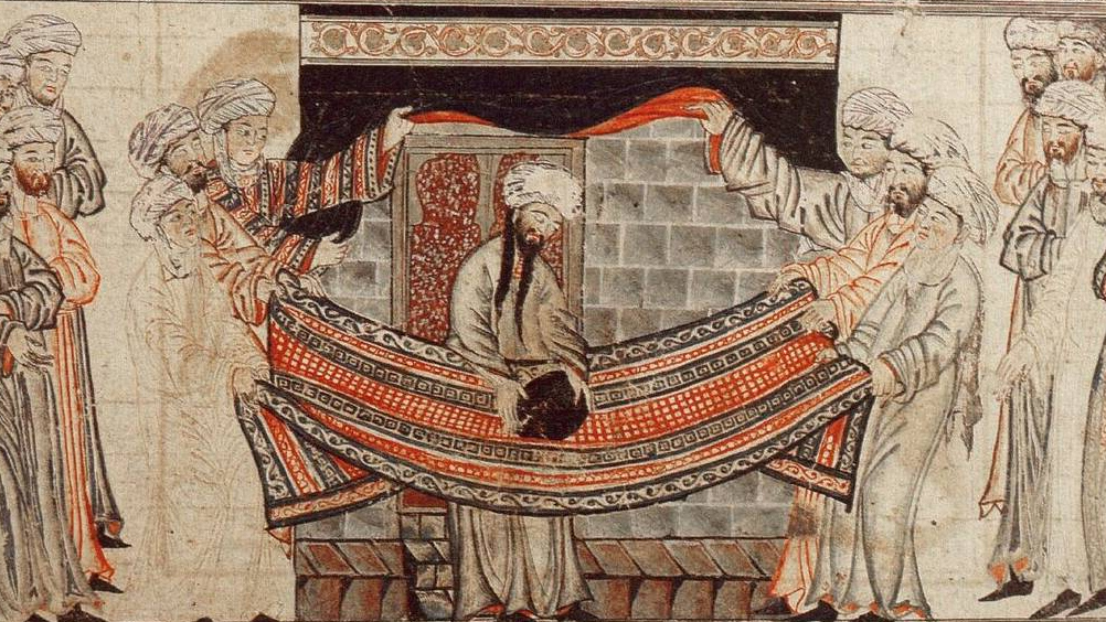 Пророк Мухаммед вставляет черный камень в Каабу. Древнеперсидская миниатюра