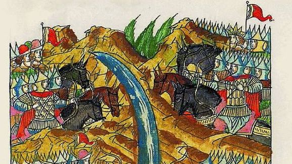 Миниатюра летописного свода. Стояние на реке Угре. Фрагмент. XVI век