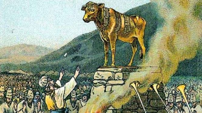Иллюстрация из библейской карты компании «Провидение». Поклонение золотому тельцу. 1901