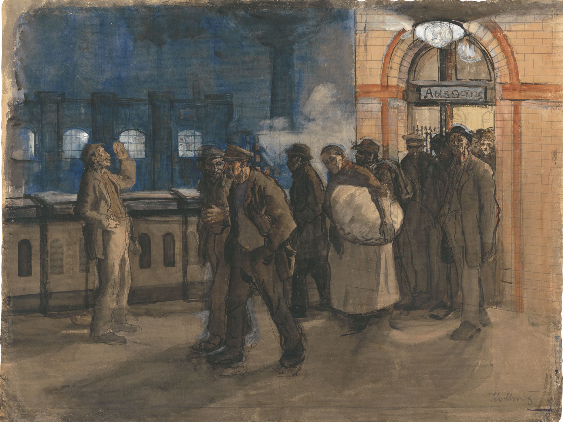 Кете Кольвиц. Рабочие, выходящие из железнодорожной станции Пренцлауэр-Аллее. 1899