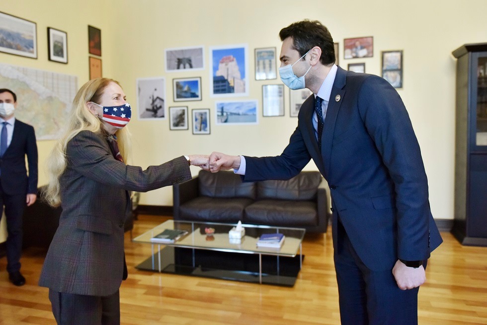 Рукопожатие посла США  Келли Дегнана и  спикера парламента Грузии Кахи Кучавы