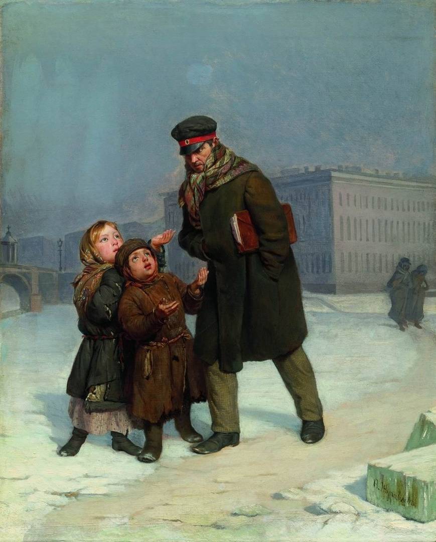 Фирс Сергеевич Журавлев. Дети-нищие просят помощи. 1860-е годы