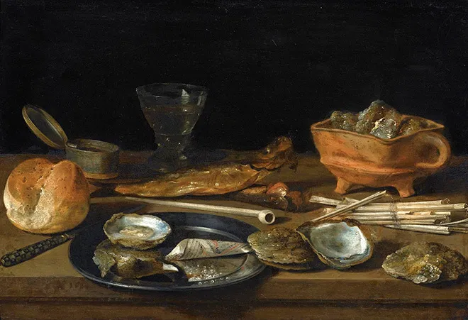 Питер Клас. Натюрморт с жаровней, сельдью, устрицами и курительной трубкой. 1624