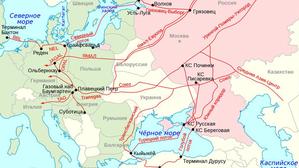 Карта газопроводов из России в Европу по состоянию на июнь 2021 года
