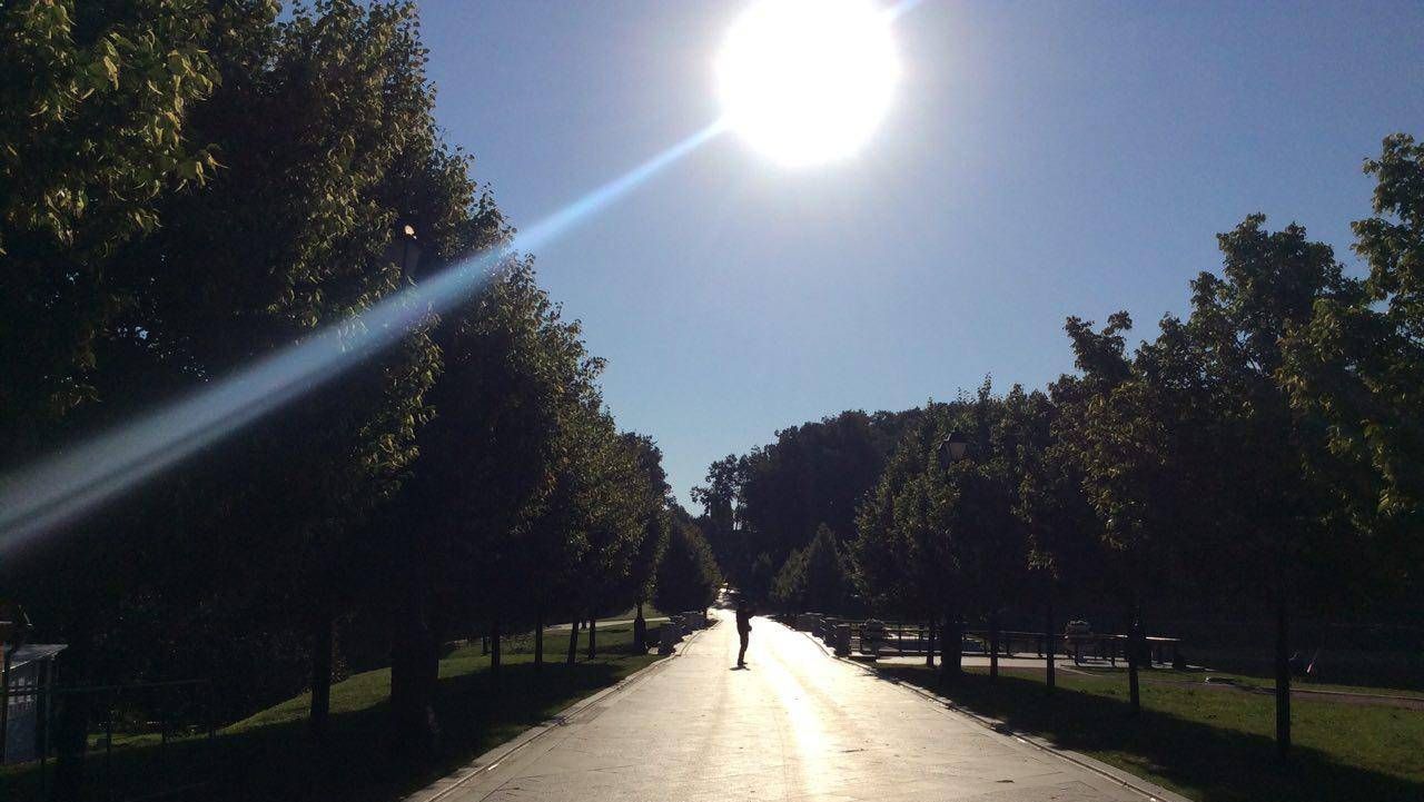 Солнце над пешеходным тротуаром. Парк Царицыно. Москва