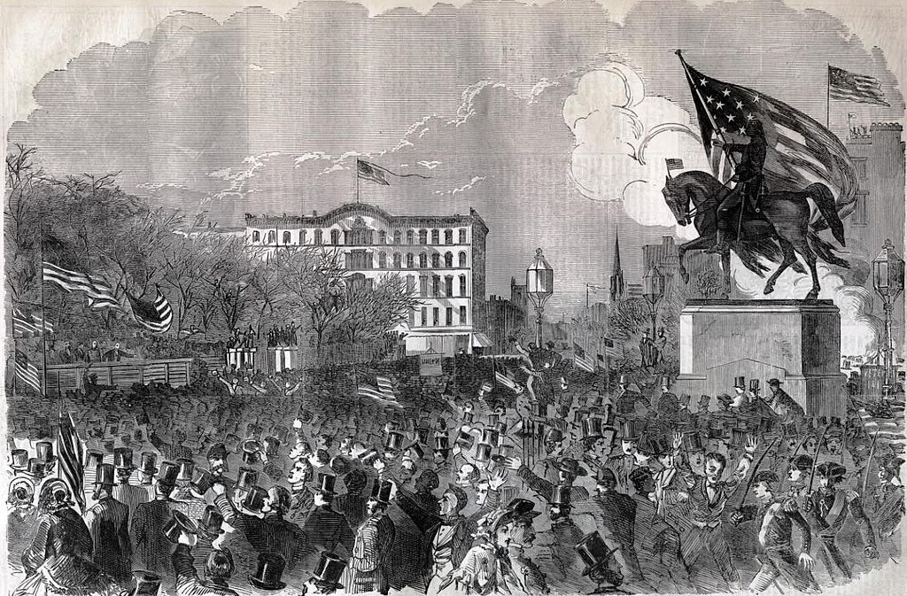 Уинслоу Хомер. «Великий митинг на Юнион-Сквер, Нью-Йорк, в поддержку правительства, 20 апреля 1861 года», первоначально опубликованный в Harpers' Weekly 4 мая 1861 года