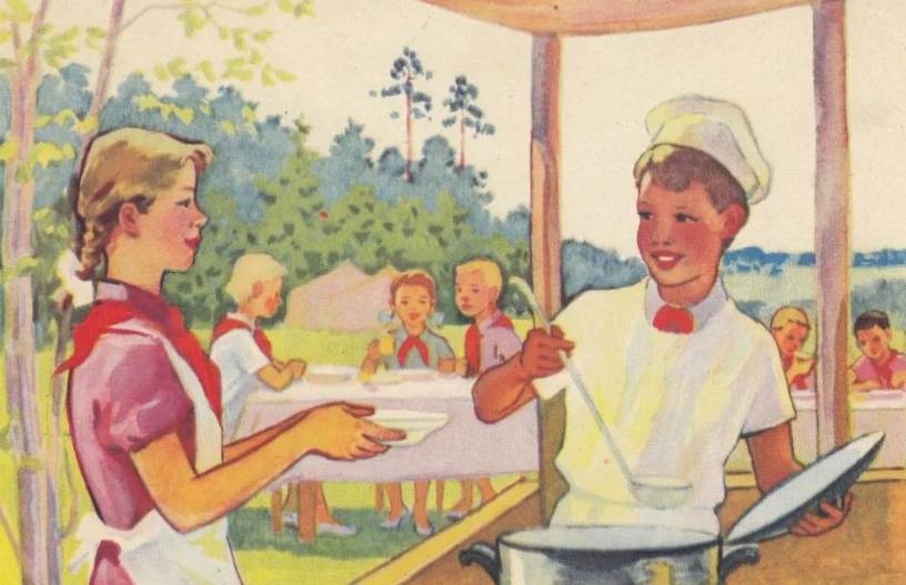 Обед в детском лагере. Советский плакат.