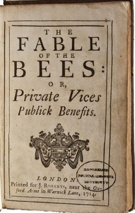 Бернард Мандевиль, «Басня о пчелах». Обложка издания 1714 года