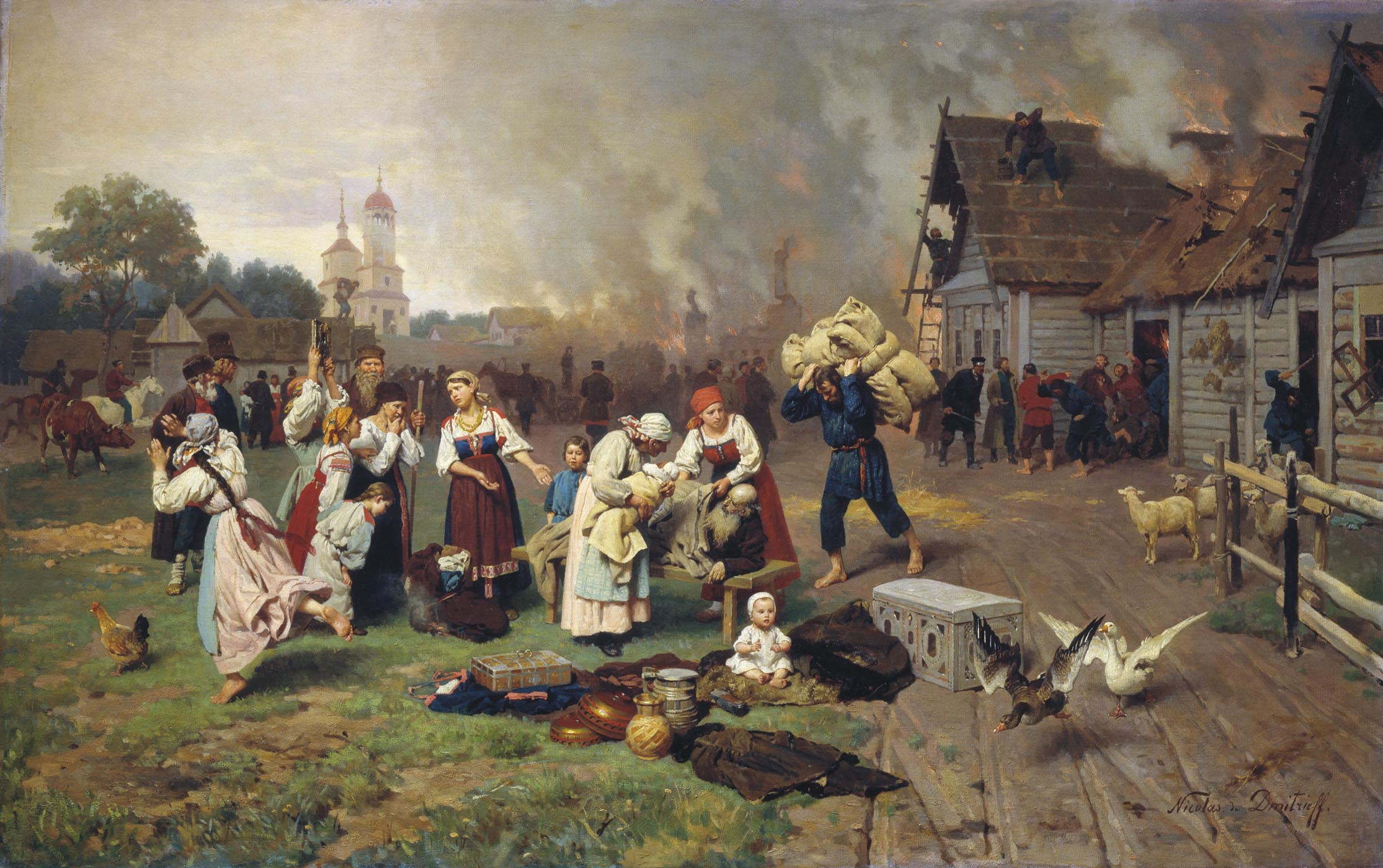 Николай Дмитриев-Оренбургский. Пожар в деревне. 1885